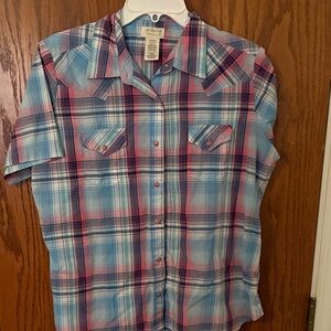 Wrangler Blue and Pink Plaid Button Down Shirt